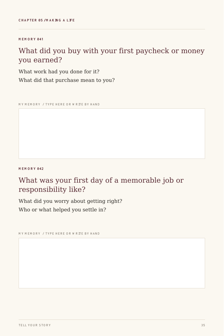Actual ebook page 35: Making a life, with two numbered prompts, follow-up questions, and fillable answer spaces