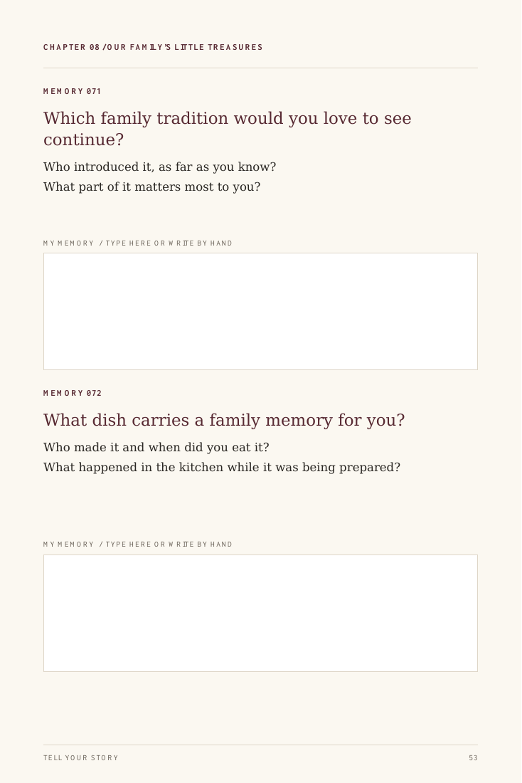 Actual ebook page 53: Family traditions, with two numbered prompts, follow-up questions, and fillable answer spaces
