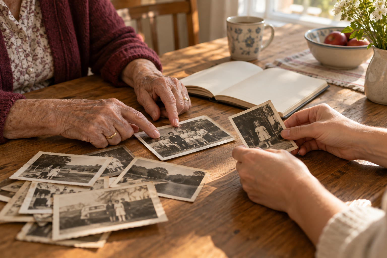 Older and younger hands sharing family photographs at a kitchen table