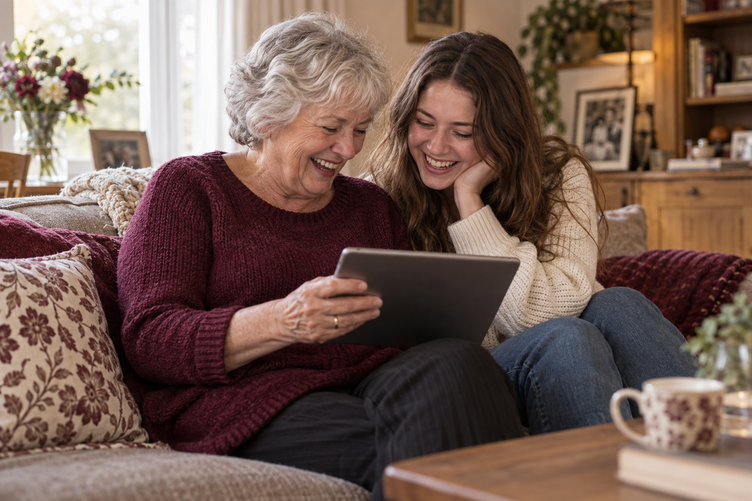 A grandmother and her adult granddaughter laughing together while reading on a tablet
